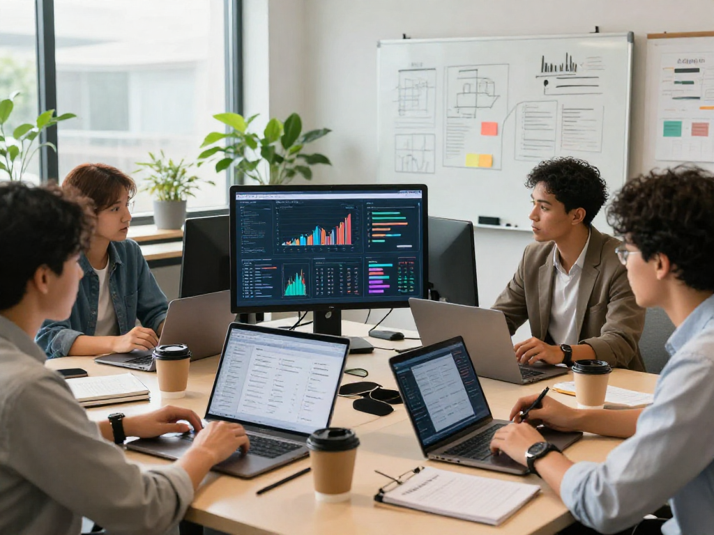 Focus on a diverse team collaborating on http://debet-app.com in a modern workspace.