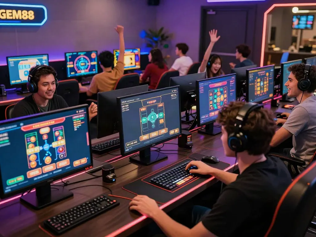 Diverse players enjoying online gaming excitement at https://gem88.bz/ with vibrant games and modern setup.