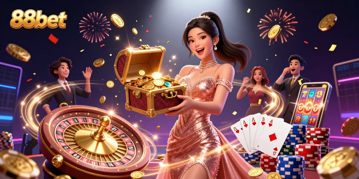 Bet on 88bet with joyful excitement, featuring a stunning character and treasures