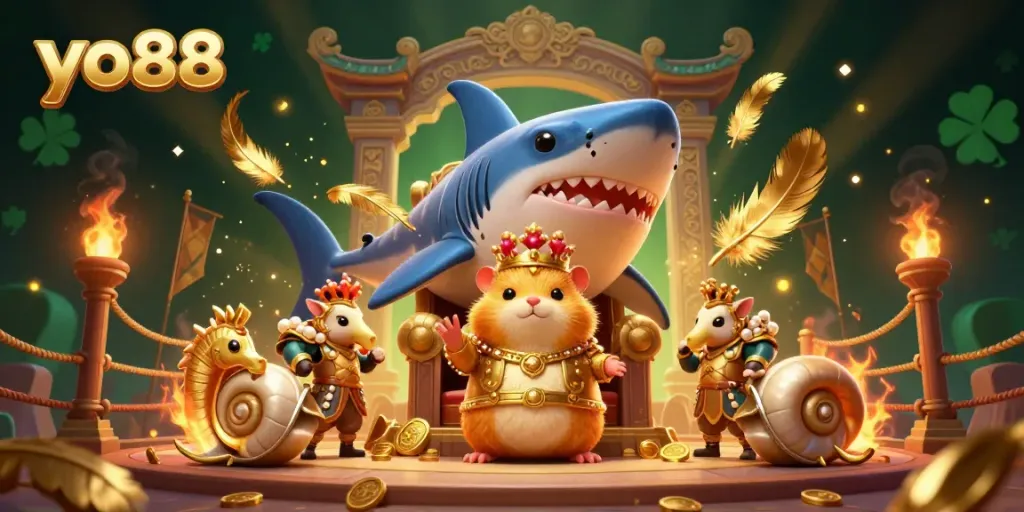 Engage with the thrilling world of yo88 as a golden hamster king leads royal guards, amidst a dynamic casino atmosphere.