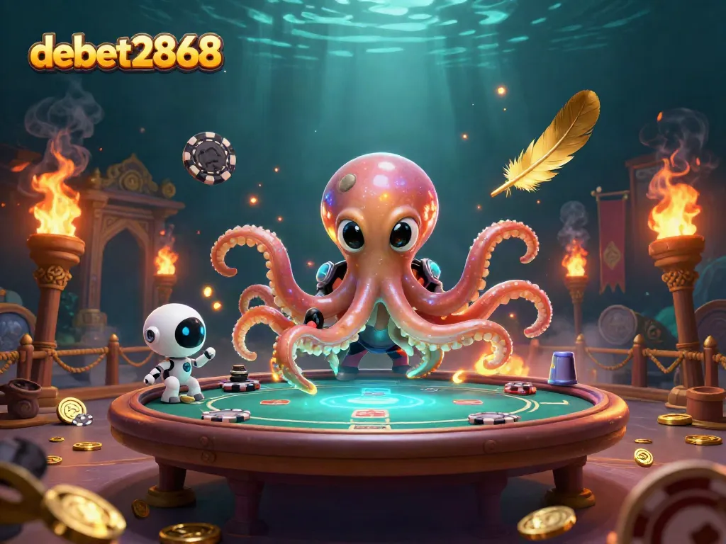 Engage with the vibrant debet2868 universe as an alien octopus plays poker amidst cosmic elements.