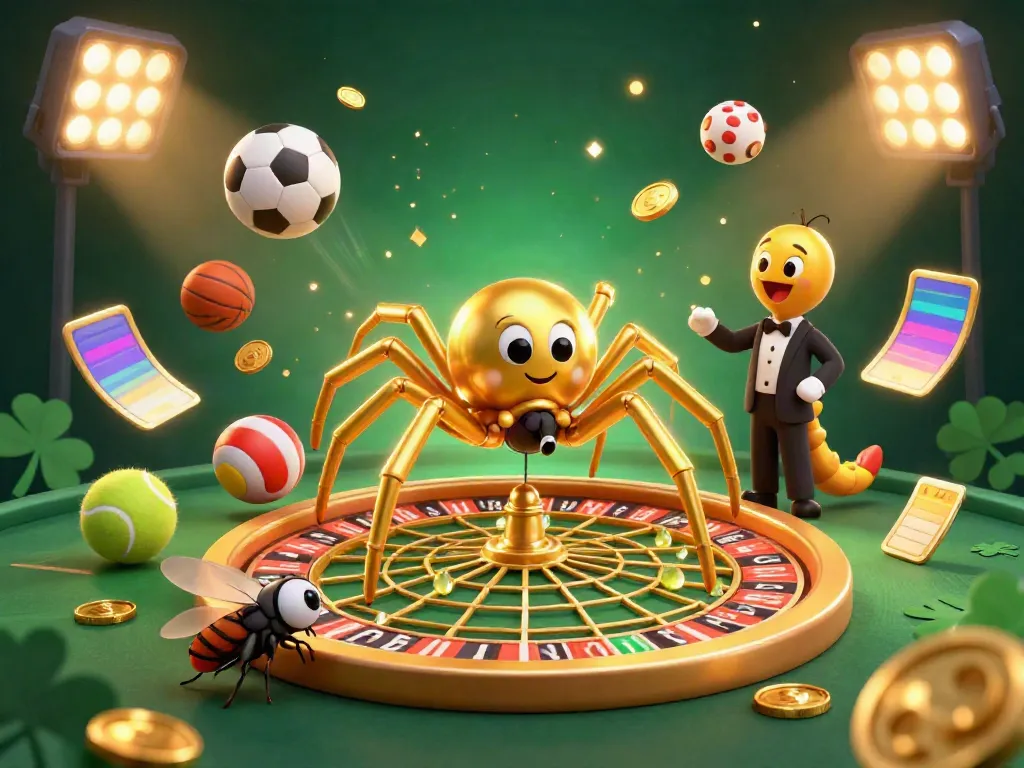 Experience thrilling bets at lode888 with a cartoon spider and centipede in a roulette web.