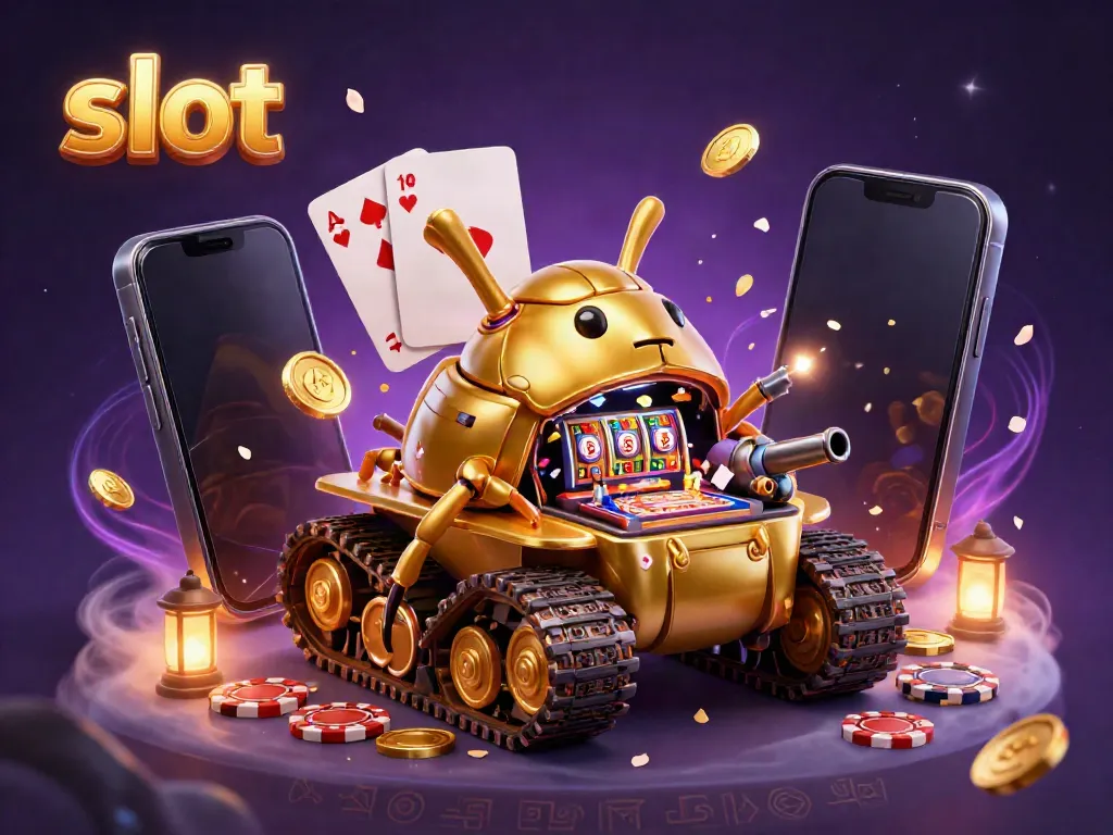 Experience the excitement of slot games with a golden beetle tank revealing a vibrant casino inside.