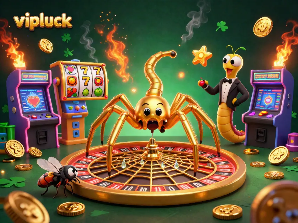 Join the exciting gaming action at vipluck as the spider spins a roulette web with a fly placing bets.