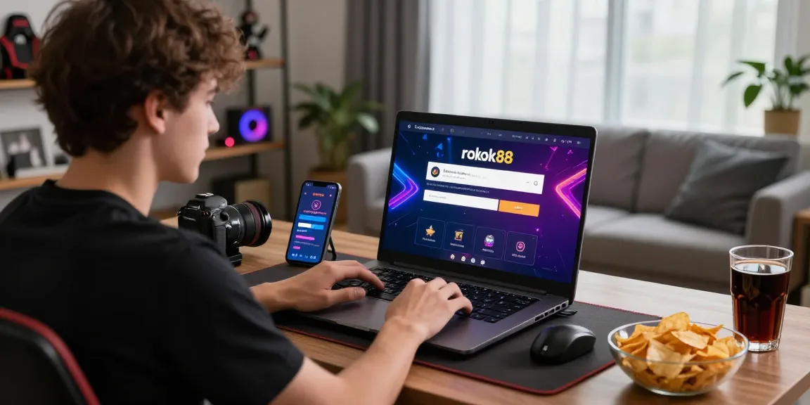 Young adult using rokok88 login to access online gambling platform at home.