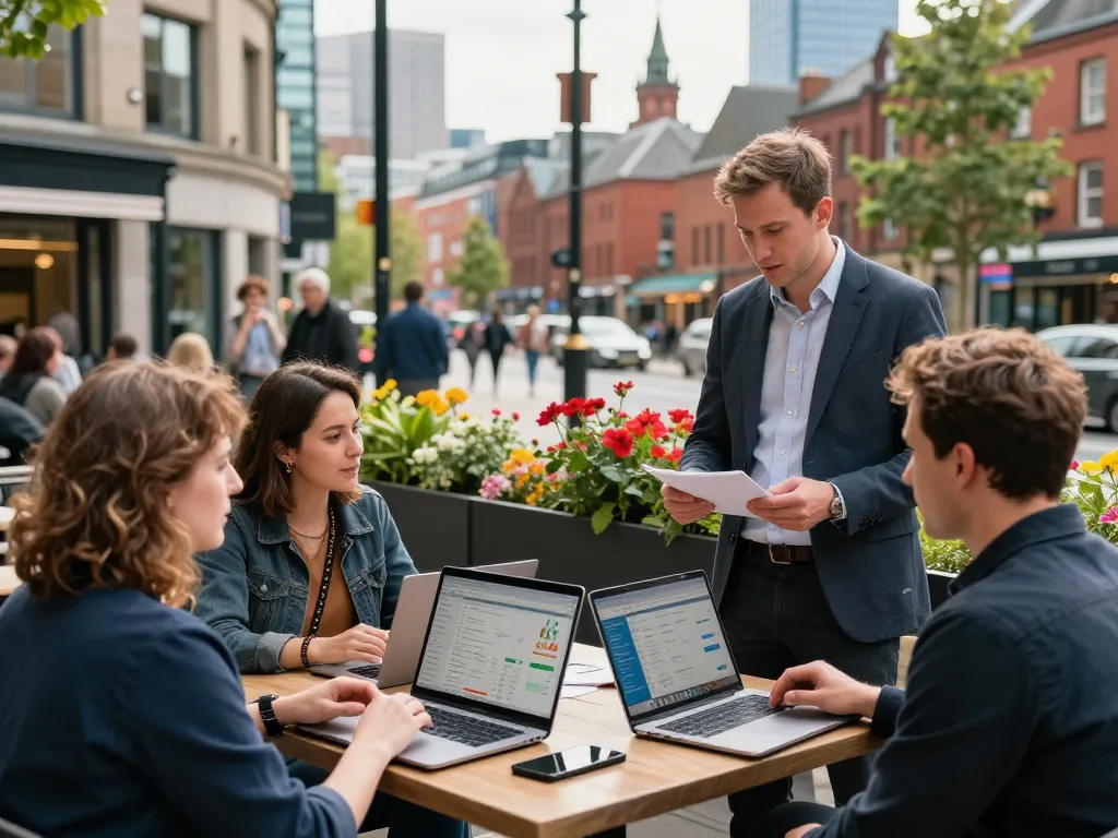 Engaging scene of Daniel discussing airbnb management manchester with homeowners in vibrant café.