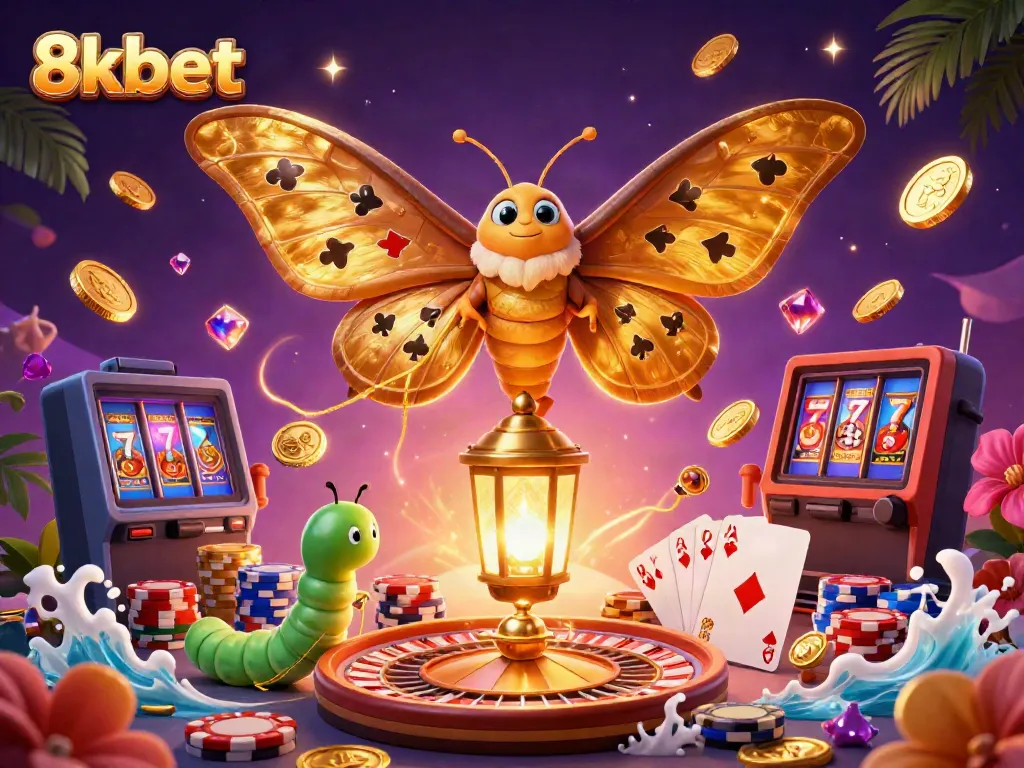 Experience the vibrant world of 8xbet with a dazzling 3D casino scene full of golden treasures and engaging game elements.