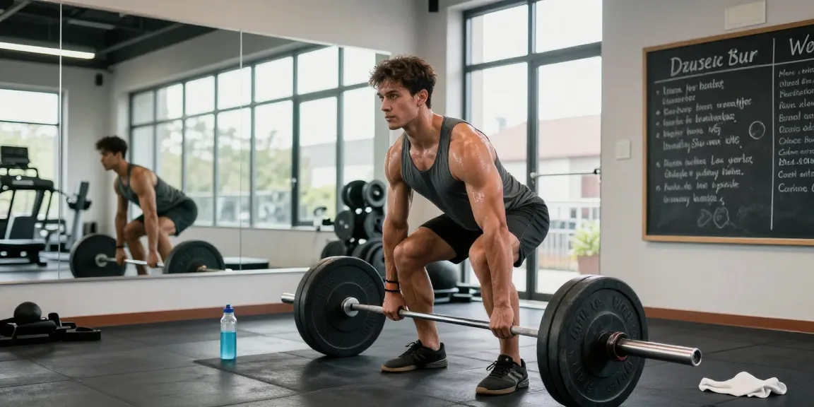 Anabolika Shop: Bodybuilder im Fitnessstudio beim Deadlift, umgeben von Gewichten und motivierenden Hinweisen.