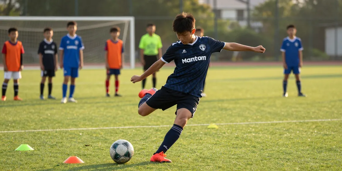 Fußball günstig kaufen - Jugendspieler beim präzisen Torschuss auf einem sonnigen Spielfeld mit Mantom Ball.