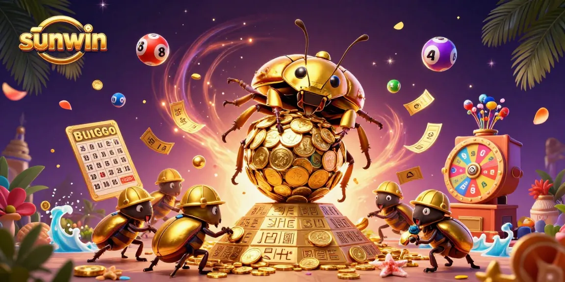 Engage with sunwin's vibrant lottery scene featuring a golden dung beetle and colorful lottery elements.