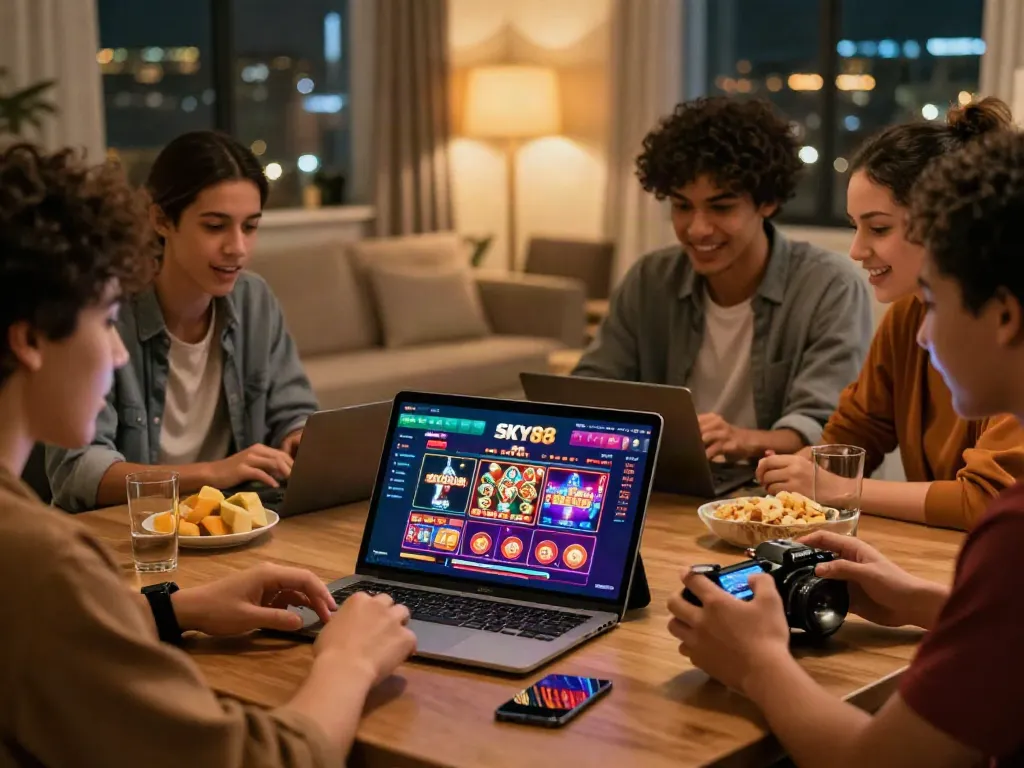 Experience online gaming at https://sky88tg.com/ with friends in a vibrant living room setting.