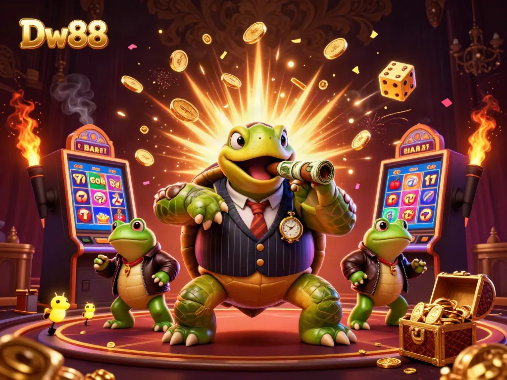 Experience the thrill of Dw88's casino world with a cartoon turtle in mobster style amidst jackpot games and vibrant lights.