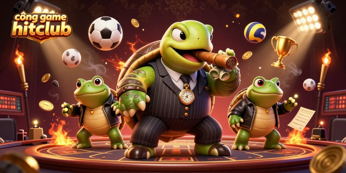 Experience the excitement of cổng game hitclub with a vibrant 3D casino scene featuring a turtle mobster and gamified elements.