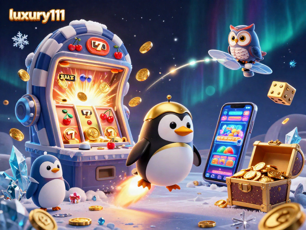 Experience the excitement of luxury111 as a golden penguin rockets towards a dazzling casino space station amid casino symbols and treasures.