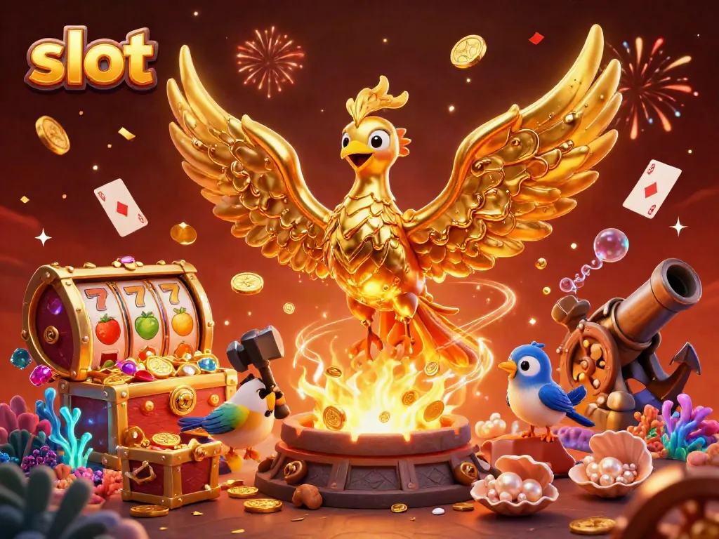 Experience thrilling slots with a molten golden phoenix and captivating game elements in this rich 3D illustration.