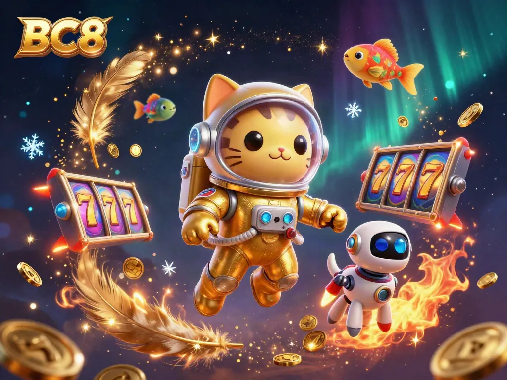 Engage with BC8's dynamic gaming atmosphere featuring a space cat and thrilling casino elements.