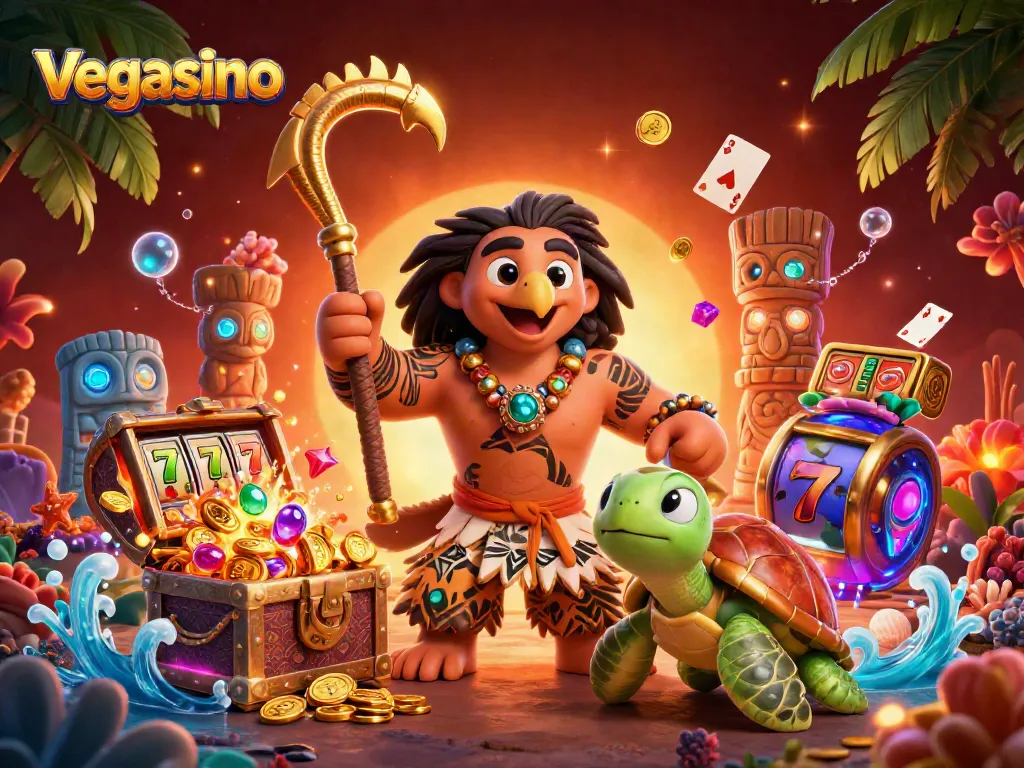 Experience thrilling action at vegasino with a vibrant 3D illustration featuring dynamic casino elements.