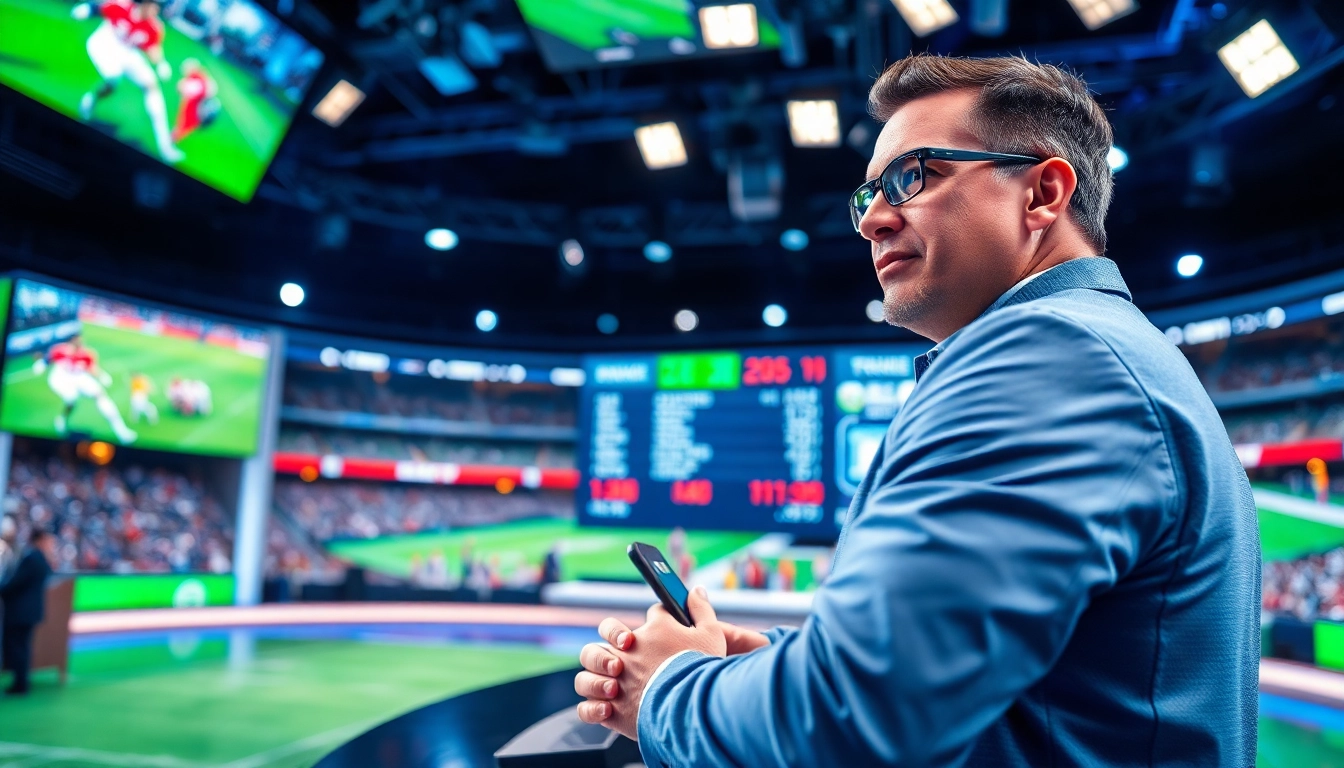 Sports Broadcasting professional delivering live updates in a dynamic studio environment.