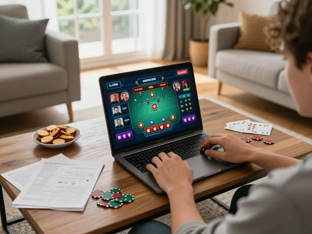 Engaging in live poker gameplay at home using https://go8.onl/ on laptop, dynamic scene of strategy in action.