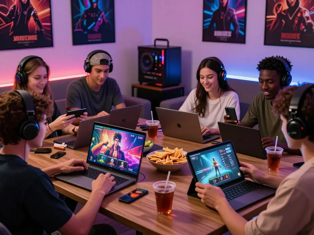 Group enjoying an online porn game on devices in a cozy living room.