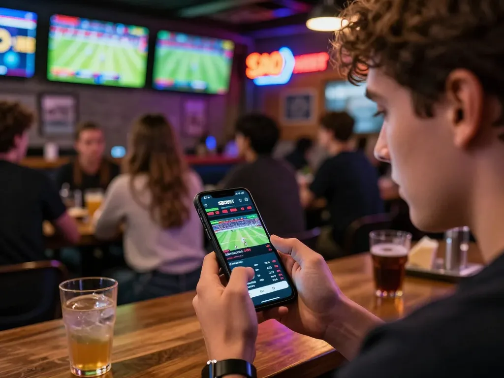 Pengguna SBOBET terlibat dalam taruhan langsung di smartphone selama pertandingan olahraga yang mendebarkan di suasana bar olahraga