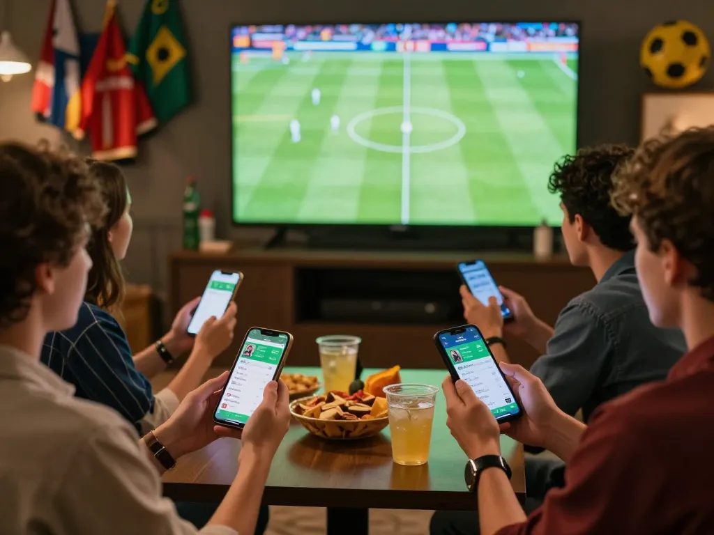 Friends placing bets on keo nha cai while watching a thrilling football match together