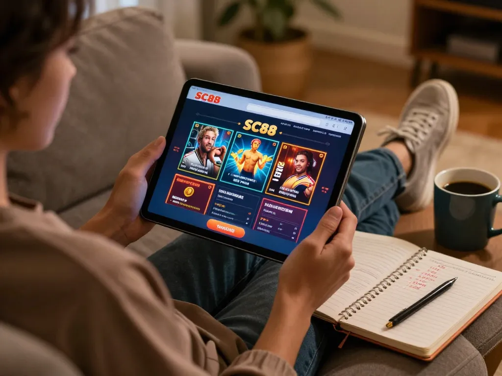Player strategizing with SC88 app on tablet in a cozy home setting.