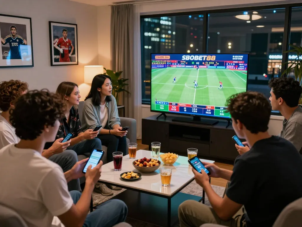 Engaged players enjoying sports betting on SBOBET88 with live screens, snacks, and a lively atmosphere.