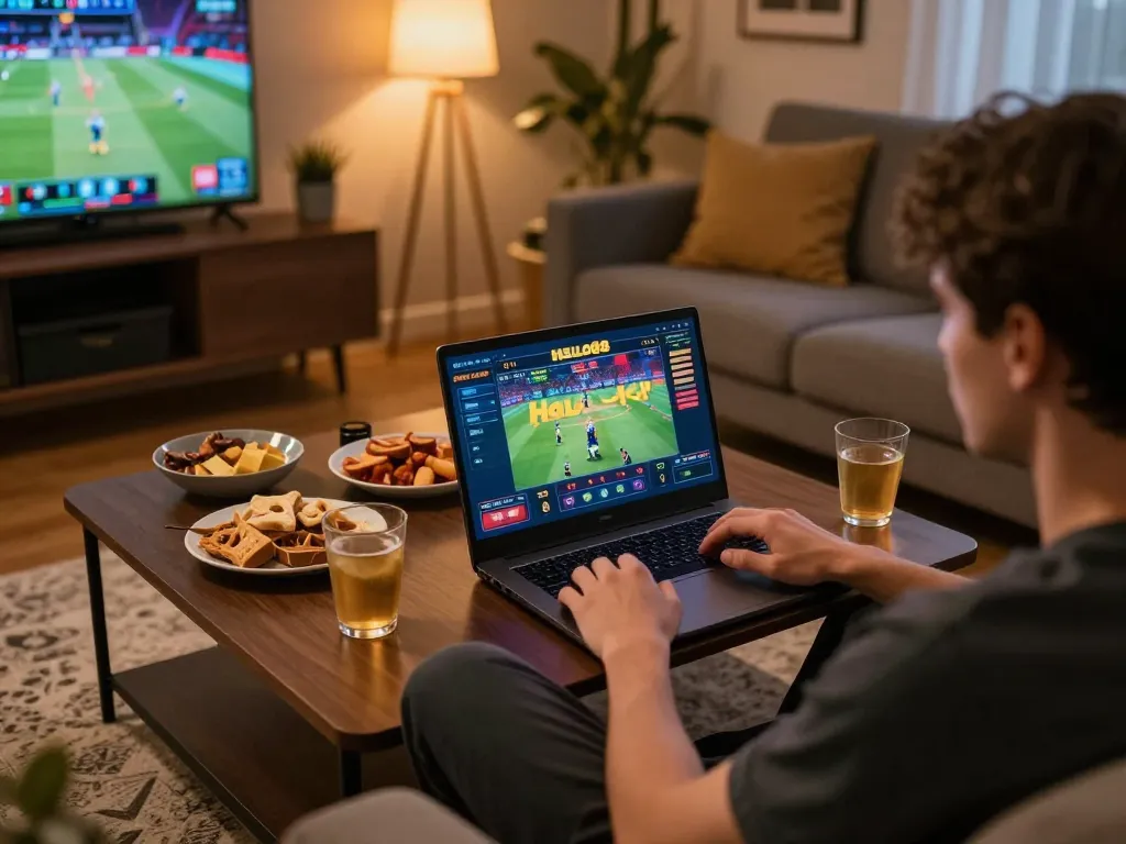 Engaging player enjoying HELLO88 online casino gaming on a laptop in a cozy home setup.