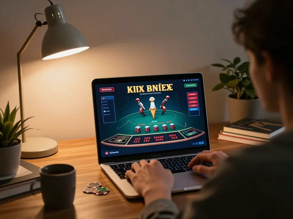 Engaging with dn88 online casino gameplay on laptop in a cozy home setting, highlighting strategic gaming.