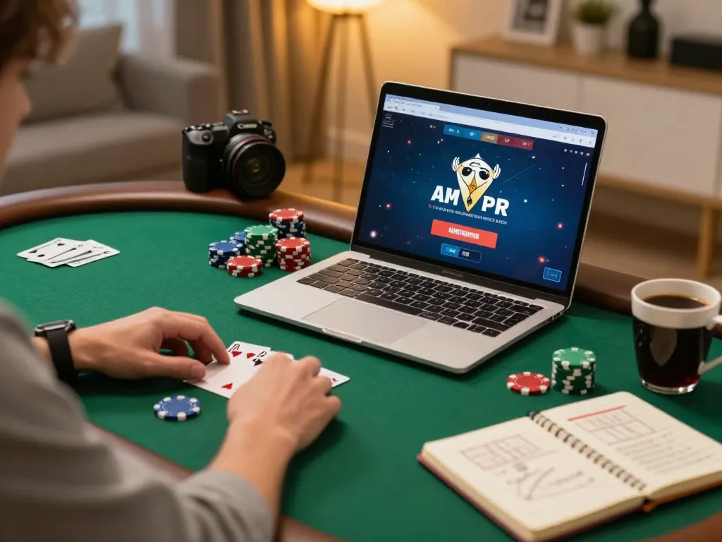 Player engaged in online poker gameplay on trang chủ lc88 with chips and strategy notes.