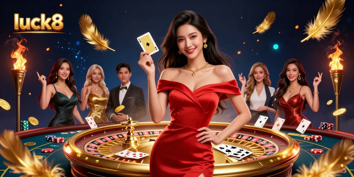 Immerse in luck8's vibrant casino scene with a beautiful woman holding a playing card beside a roulette wheel.