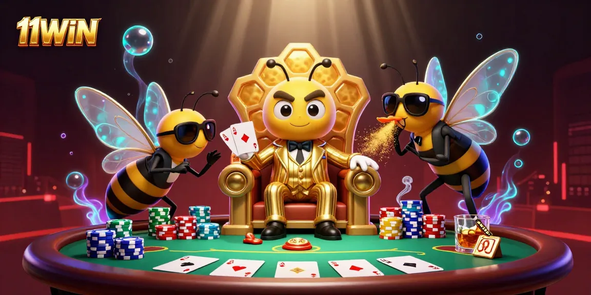 Engage in thrilling gaming action with 11WIN as a bumblebee mob boss strategizes at a poker table