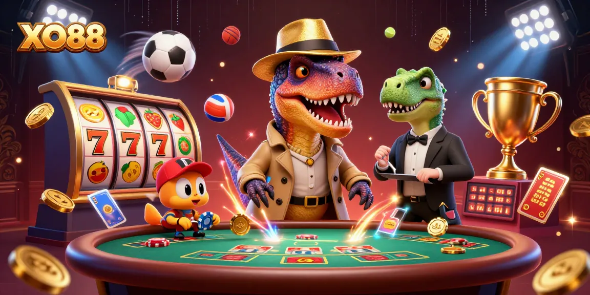 Experience thrilling gameplay with XO88 in a dynamic, vibrant casino illustration.