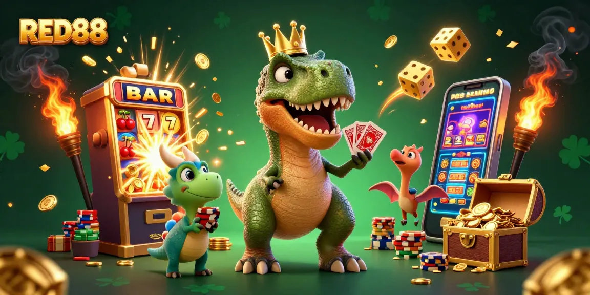 RED88 brings excitement with cartoon T-Rex, a pterodactyl assistant, and golden chips in a dynamic casino scene.