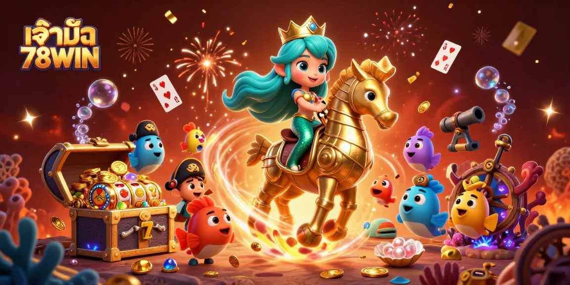 Engaging scene of เจ้ามือ 78WIN showcasing vibrant 3D casino elements with mermaid and seahorse.