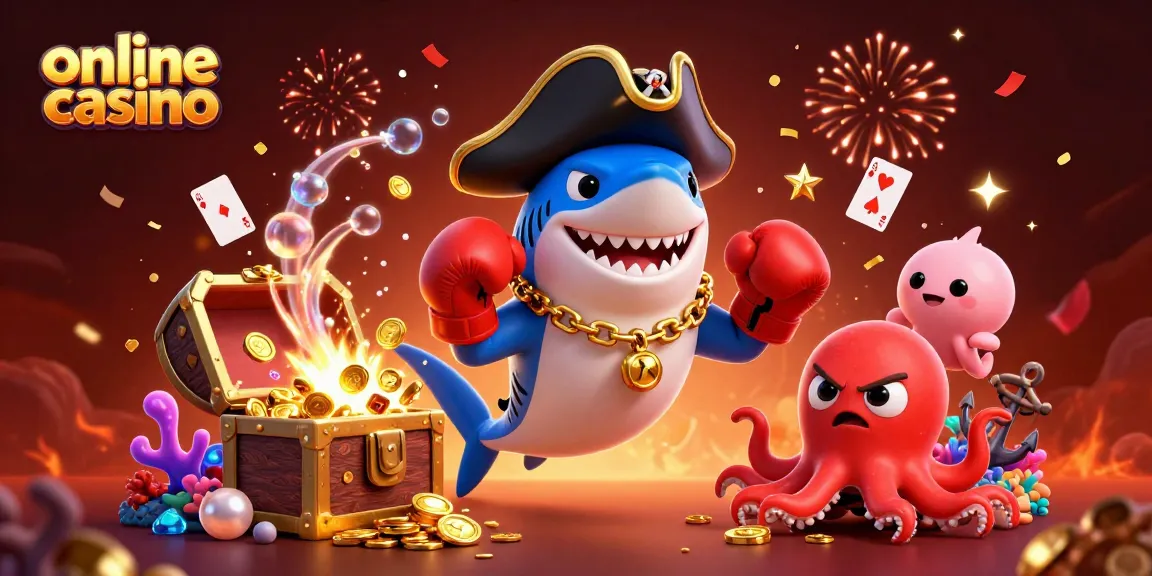 Engage in the online casino adventure with a pirate shark and friends celebrating in an underwater treasure scene.