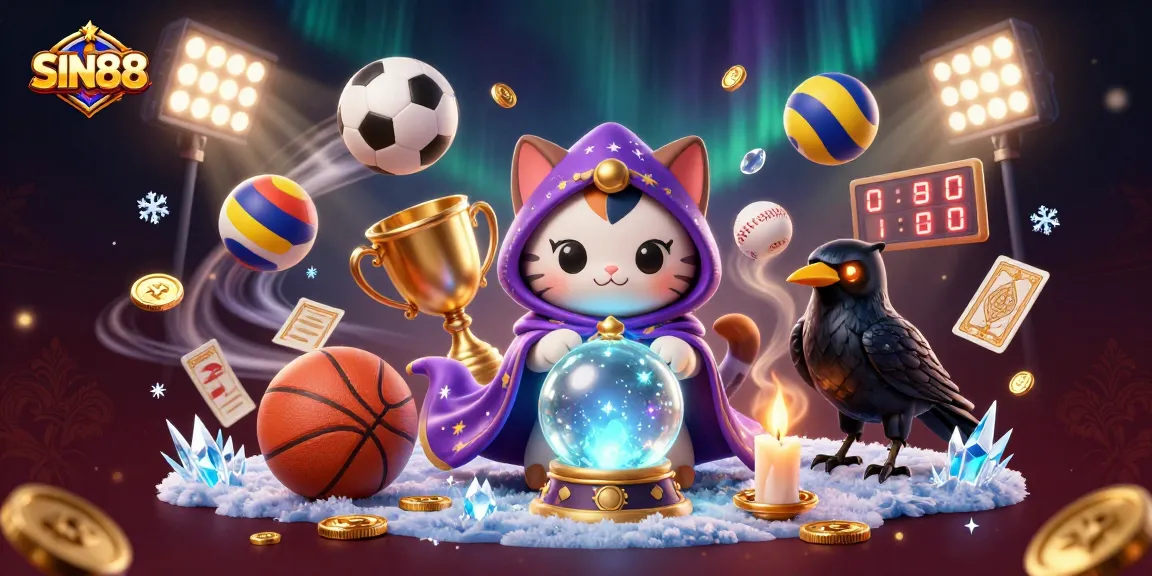 SIN88 captivates with a dynamic casino scene featuring a mystical cat, glowing raven, and sports elements
