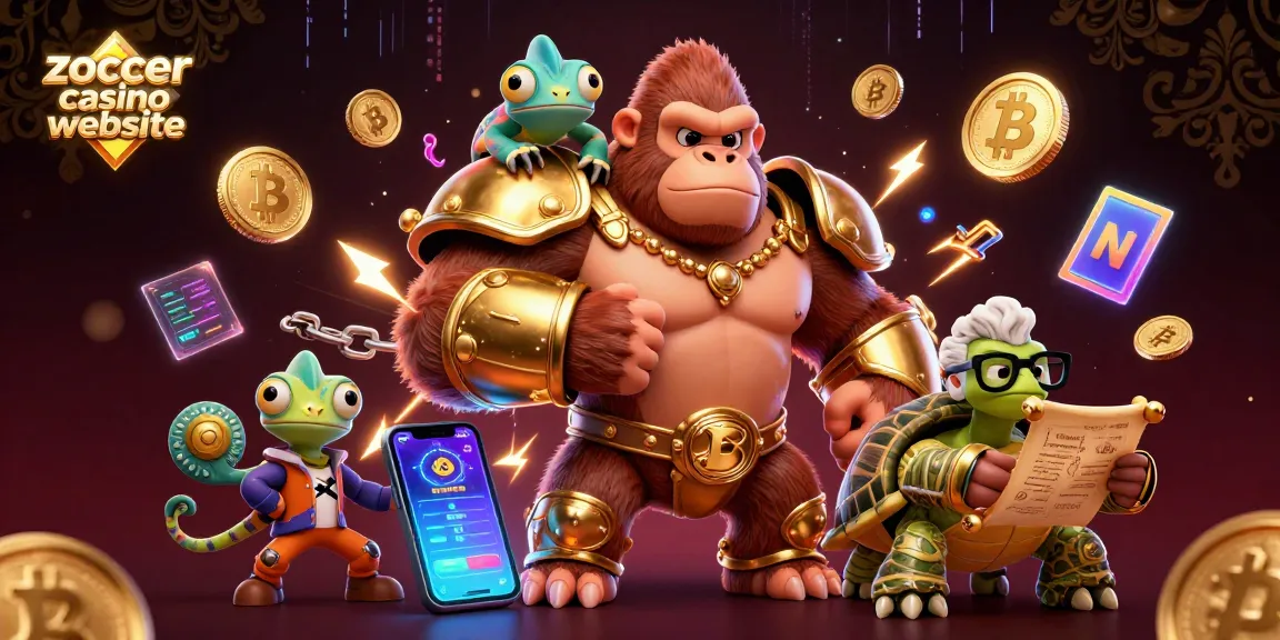 Experience the excitement at the zoccer casino website with a powerful gorilla in battle armor among glimmering cryptocurrency elements.