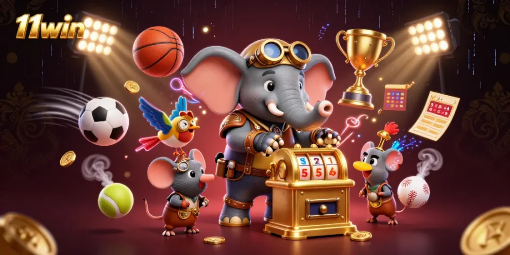 Engaging 3D scene showcasing 11win with a steampunk elephant operating a slot machine amidst sports elements.