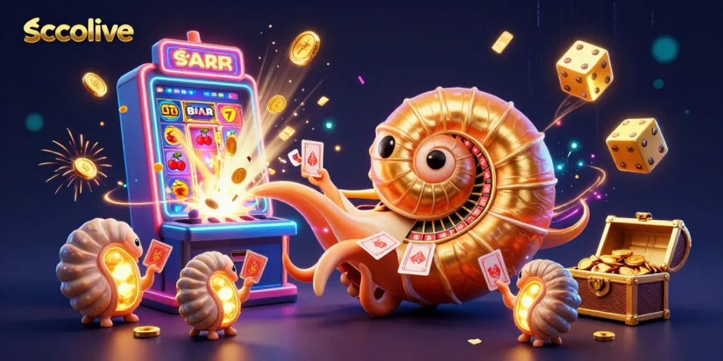 Socolive showcases a dazzling 3D casino scene featuring an ancient nautilus roulette wheel and card hands.